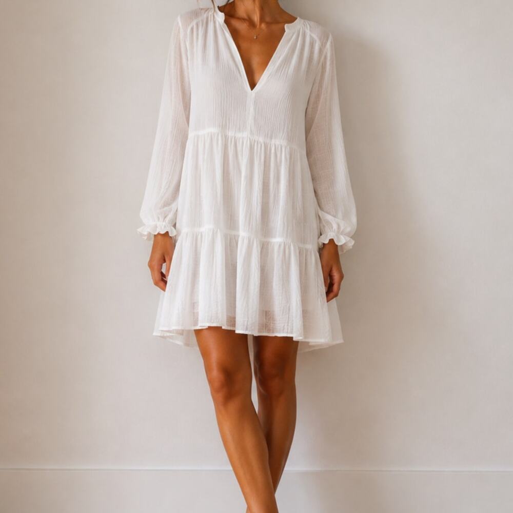 For Cynthia White Cotton Tiered Babydoll Dress Prairie Peasant Flowy Boho XL